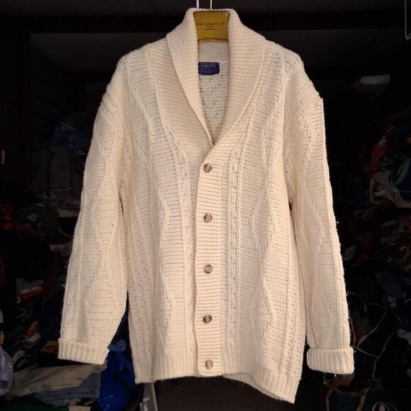 True Vintage 1960s Pendleton Cable Knit Button Up Wool Cardigan Size Large - Picture 1 of 4